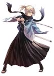  1girl absurdres applekun black_bow black_hakama black_scarf blonde_hair bow fate/grand_order fate_(series) hakama haori highres holding holding_sword holding_weapon japanese_clothes katana kimono okita_souji_(fate) okita_souji_(fate)_(all) ponytail scabbard scarf sheath shinsengumi solo sword weapon white_kimono yellow_eyes 