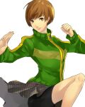  1girl absurdres bad_arm bangs bare_legs bike_shorts breasts brown_eyes brown_hair eyelashes feet_out_of_frame fighting_stance green_jacket highres jacket long_sleeves looking_at_viewer medium_breasts persona persona_4 pertex_777 pins satonaka_chie school_uniform short_hair simple_background sitting skirt solo track_jacket white_background yasogami_school_uniform zipper 