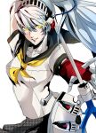  1girl android arm_up axe blue_hair breasts glowing glowing_eyes hair_between_eyes highres joints labrys_(persona) lips long_hair looking_at_viewer mechanical_arms mechanical_parts parted_lips persona persona_4 persona_4:_the_ultimate_in_mayonaka_arena pertex_777 ponytail red_eyes robot robot_joints school_uniform shadow_(persona) shadow_labrys simple_background skirt solo very_long_hair white_background yellow_eyes 