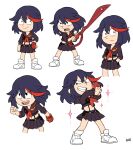  1girl absurdres black_hair bzzt_gcxll fingerless_gloves full_body gloves hair_between_eyes highres hilda_(series) holding holding_sword holding_weapon kill_la_kill matoi_ryuuko medium_hair midriff multicolored_hair multiple_views navel parody pleated_skirt red_hair school_uniform scissor_blade senketsu serafuku shoes signature simple_background single_glove skirt sneakers streaked_hair style_parody suspenders sword two-tone_hair weapon white_footwear 