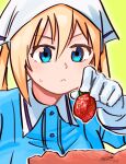  1girl :&lt; absurdres blend_s blonde_hair blue_shirt closed_mouth dated food fruit gloves green_background head_scarf highres hinata_kaho holding holding_food holding_fruit long_sleeves ryusei_hashida shirt signature solo stile_uniform strawberry sweat twintails upper_body white_gloves 