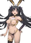 1girl animal_ears armlet bangs bikini black_hair black_legwear blush bracelet breasts bunny_ears detached_sleeves earrings fake_animal_ears fate/grand_order fate_(series) gold_trim hair_ribbon heart_pasties highres hoop_earrings ishtar_(fate) ishtar_(fate)_(all) jewelry long_hair looking_at_viewer medium_breasts mismatched_bikini navel neck_ring open_mouth parted_bangs pasties red_eyes reverse_outfit ribbon seino_(sasakike1305) single_detached_sleeve single_thighhigh smile swimsuit thighhighs thighlet thighs tiara two_side_up 