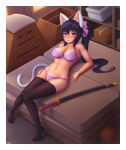  1girl absurdres animal_ear_fluff animal_ears artist_name bangs bare_arms bare_shoulders basketball black_hair black_legwear blush box bra breasts cat_ears cat_girl cat_tail cleavage commentary english_commentary full_body gym_storeroom hair_between_eyes hair_ribbon highres katana knees_together_feet_apart large_breasts long_hair looking_at_viewer navel no_shoes noihara_himari omamori_himari open_mouth panties pink_bra pink_panties pink_ribbon ponytail purple_eyes reclining ribbon sheath sheathed solo stomach sword tail thighhighs underwear underwear_only vaulting_horse weapon wlper 