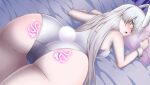  1girl anastasia_(fate) animal_ears ass ass_tattoo back bangs bare_shoulders blue_eyes blush breasts bunny_ears bunny_tail fake_animal_ears fate/grand_order fate_(series) glowing_tattoo hair_over_one_eye hairband highleg highleg_leotard k_azuki large_breasts leotard long_hair looking_at_viewer looking_back open_mouth playboy_bunny silver_hair tail thighs very_long_hair white_leotard wrist_cuffs 
