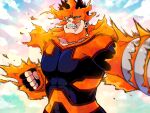  1boy bara beard blue_bodysuit blue_eyes bodysuit boku_no_hero_academia covered_abs facial_hair fighting_stance fire large_pectorals looking_at_viewer male_focus mature_male miso_(mimimiso) muscular muscular_male red_hair scar scar_across_eye short_hair sideburns solo spiked_hair stubble todoroki_enji upper_body 
