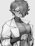  1girl alternate_hair_length alternate_hairstyle android_21 blue_eyes breasts checkered checkered_dress dragon_ball dragon_ball_fighterz dress earrings glasses grey_background greyscale hair_between_eyes hoop_earrings jewelry kemachiku labcoat large_breasts looking_at_viewer monochrome short_hair simple_background solo 