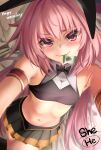  1boy absurdres astolfo_(fate) astolfo_(saber)_(fate) b-pang bangs bare_shoulders black_shirt black_skirt blush bow bowtie crop_top fang fate/grand_order fate_(series) hair_bow hair_ribbon highres long_hair looking_at_viewer low_twintails midriff mouth_hold multicolored_hair navel otoko_no_ko pink_hair purple_eyes ribbon shirt skirt smile streaked_hair thighs twintails white_hair 