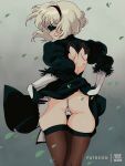  1980s_(style) 1girl ass back_cutout black_hairband blindfold bluethebone closed_mouth clothing_cutout from_behind gloves hairband highres leaf mole mole_under_mouth nier_(series) nier_automata panties puffy_sleeves retro_artstyle short_hair silver_hair solo thighhighs underwear white_panties yorha_no._2_type_b 