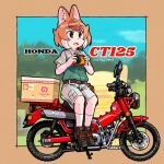 1girl alternate_costume animal_ears beige_shirt beige_shorts belt boots box brown_footwear camera collared_shirt commentary_request dhole_(kemono_friends) dog_ears dog_girl dog_tail eyebrows_visible_through_hair green_shirt ground_vehicle honda japari_symbol kemono_friends kemono_friends_3 khakis light_brown_hair motor_vehicle motorcycle multicolored_hair neckwear official_alternate_costume shirt short_hair short_sleeves shorts solo tail toriny two-tone_hair two-tone_shirt uniform white_hair 
