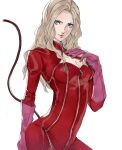  1girl arm_up bangs blonde_hair blue_eyes bodysuit boots breasts cat_mask cat_tail catsuit earrings gloves hand_on_own_chest high_heels highres jewelry lips long_hair long_sleeves looking_at_viewer looking_back medium_breasts persona persona_5 pertex_777 pink_gloves red_bodysuit red_legwear simple_background solo tail takamaki_anne thigh_boots thighhighs wavy_hair white_background zipper 