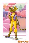  2020 4_fingers anthro clothed clothing detailed_background english_text female fingers fur greyofpta kidd_video she_lion_(copycats) smile smirk solo text 