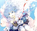  2girls blue_eyes blue_hair blue_skirt bubble cape commentary_request fortissimo gloves kaname_madoka lower_teeth mahou_shoujo_madoka_magica miki_sayaka multiple_girls open_mouth red_ribbon ribbon short_hair skirt solo thighhighs ultimate_madoka un_nm5sy white_cape white_gloves white_legwear zettai_ryouiki 