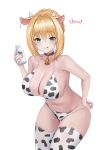  $hu 1girl :q absurdres ahoge animal_ears animal_print bangs bare_arms bare_shoulders bikini blonde_hair blush bottle breasts cleavage closed_mouth collarbone cow_ears cow_horns cow_print cowboy_shot eyebrows_visible_through_hair fate/grand_order fate_(series) highres holding holding_bottle horns kemonomimi_mode large_breasts leaning_forward looking_at_viewer milk_bottle navel nero_claudius_(fate) nero_claudius_(fate)_(all) print_bikini print_legwear short_hair smile solo swimsuit thigh_gap thighhighs tongue tongue_out umu_(phrase) 