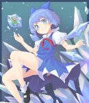  &gt;:) 1girl black_footwear blue_bow blue_dress blue_eyes blue_hair blush bow cirno closed_mouth determined dress eyelashes five_star_stories flying frog frozen_frog hair_bow highres ice ice_wings looking_at_viewer nano_(mianhua_maoqiu) neck_ribbon pinafore_dress puffy_short_sleeves puffy_sleeves red_ribbon ribbon shirt shoes short_dress short_hair short_sleeves smile socks solo touhou v-shaped_eyebrows w_arms white_legwear white_shirt wing_collar wings 