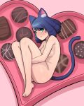  1girl animal_ears barefoot blue_hair box box_of_chocolates breasts cat_ears cat_tail chocolate closed_mouth commentary curly_hair cyan_(show_by_rock!!) donburi_(donburikazoku) fang green_eyes long_hair looking_at_viewer nude show_by_rock!! sideboob smile solo tail 