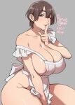  1girl agawa_ryou areola_slip areolae bare_shoulders breasts brown_eyes brown_hair cleavage curvy english_commentary finger_to_mouth grey_background huge_breasts lips mature one_eye_closed original parted_lips short_hair simple_background solo thick_lips thick_thighs thighs 