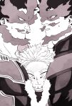  3boys beard ben_(ahan_uhun_345) between_pecs blush bodysuit boku_no_hero_academia boy_sandwich clone covered_abs facial_hair fire hawks_(boku_no_hero_academia) head_between_pecs highres male_focus mature_male monochrome multiple_boys muscular muscular_male mustache pectorals sandwiched short_hair sideburns spiked_hair todoroki_enji upper_body wide-eyed yaoi 