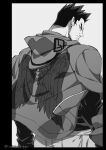  1boy ass bara beard boku_no_hero_academia facial_hair feather_print greyscale hawks_(boku_no_hero_academia) hood hooded_jacket jacket looking_back male_focus mature_male monochrome muscular muscular_male open_clothes open_jacket popo_take short_hair sideburns solo spiked_hair stubble todoroki_enji 