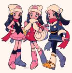  3girls absurdres bag beanie black_hair black_legwear blush_stickers boots chueog closed_mouth coat dawn_(pokemon) dress duffel_bag eyelashes female_protagonist_(pokemon_legends:_arceus) grey_eyes hair_ornament hairclip hat head_scarf highres holding holding_poke_ball long_hair long_sleeves looking_at_viewer multiple_girls over-kneehighs pink_footwear poke_ball poke_ball_(legends) pokemon pokemon_(game) pokemon_dppt pokemon_legends:_arceus pokemon_platinum red_coat red_scarf sash scarf short_dress sidelocks smile socks standing thighhighs white_bag white_headwear white_legwear white_scarf 