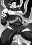  1boy absurdres ass_visible_through_thighs bara bare_pecs beard bodysuit boku_no_hero_academia bound bound_arms breath bulge bursting_pecs covered_abs covered_navel facial_hair greyscale haruto_(hit23ewluvnpfo6) highres large_pectorals male_focus mature_male monochrome muscular muscular_male nipple_tweak nipples pectorals scar scar_across_eye short_hair sideburns single_bare_shoulder skindentation solo spiked_hair spread_legs stubble tentacles tentacles_on_male tentacles_under_clothes thick_thighs thighs todoroki_enji torn_bodysuit torn_clothes 