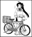  1girl bicycle box cardboard_box dodomori full_body greyscale ground_vehicle highres irako_(kancolle) kantai_collection kappougi long_hair monochrome necktie parted_lips ponytail sandals solo standing translation_request 
