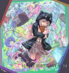  1girl animal_hood backpack bag bangs black_legwear black_shirt brown_skirt cat_hood character_doll collared_shirt commentary_request danganronpa_(series) danganronpa_2:_goodbye_despair dated doll_hug game_console gamecube gamecube_controller happy_birthday hinata_hajime hood hood_up hooded_jacket jacket long_sleeves makura_(culpeos) medium_hair miniskirt monomi_(danganronpa) multicolored multicolored_background nanami_chiaki open_clothes open_jacket pink_bag pink_eyes purple_legwear shirt shirt_tucked_in shoes skirt thighhighs white_shirt zettai_ryouiki 