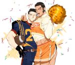  2boys :d ass_grab beard black_hair blue_pants blush brown_eyes buzz_cut cheerleader confetti contemporary contrapposto cowboy_shot facial_hair golden_kamuy head_to_head koooogasya long_sideburns looking_at_viewer male_focus midriff multiple_boys muscular muscular_male navel ogata_hyakunosuke one_eye_closed open_mouth orange_skirt pants pectorals rugby_ball rugby_uniform short_hair sideburns simple_background skirt skirt_lift smile sportswear stubble sweatdrop tanigaki_genjirou thick_eyebrows thick_thighs thighs very_short_hair yaoi 