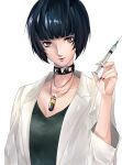  arm_up black_choker blue_hair brown_eyes choker doctor highres holding jacket jewelry lips looking_at_viewer nail_polish necklace needle nurse persona persona_5 pertex_777 red_nails short_hair simple_background syringe takemi_tae white_background white_jacket 
