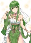  1girl accessories arm_up bangs blush breasts closed_mouth dancer dress fire_emblem fire_emblem:_mystery_of_the_emblem green_eyes green_hair haru_(nakajou-28) headband jewelry long_hair necklace palla_(fire_emblem) simple_background smile solo solo_focus thighs 