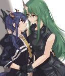  2girls arknights arm_around_waist black_gloves blue_hair blush ch&#039;en_(arknights) chinese_commentary collared_shirt commentary_request dragon_horns face-to-face fingerless_gloves gloves green_eyes green_hair highres horns hoshiguma_(arknights) long_hair mabing multiple_girls oni_horns open_mouth red_eyes shirt sleeveless sweat wall_slam wrist_grab yellow_neckwear yuri 