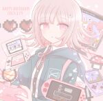  1girl 8takenokonosato8 bangs black_shirt breasts collared_shirt controller danganronpa_(series) danganronpa_2:_goodbye_despair dress_shirt eyebrows_visible_through_hair game_boy hair_ornament handheld_game_console heart hinata_hajime holding holding_controller holding_handheld_game_console hood hood_down hooded_jacket jacket large_breasts medium_hair monitor monokuma monomi_(danganronpa) nanami_chiaki nintendo_ds pink_eyes playing_games playstation_portable shirt shirt_tucked_in short_hair solo spoken_heart symbol_commentary upper_body white_shirt 