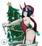  1girl b.d bangs bare_hips bare_shoulders blue_hair blunt_bangs bob_cut breasts candy candy_cane christmas christmas_tree dated dress earrings elbow_gloves fang fang_out fate/grand_order fate_(series) food from_side fur-trimmed_dress fur-trimmed_headwear fur_trim gift_bag gloves hair_bobbles hair_ornament hat highres horns jewelry looking_at_viewer merry_christmas oni oni_horns pelvic_curtain pom_pom_(clothes) pose purple_eyes red_dress red_horns red_scarf revealing_clothes ribbon-trimmed_legwear ribbon_trim santa_hat scarf short_hair shuten_douji_(fate) skin-covered_horns small_breasts smile smirk solo thighhighs white_gloves white_legwear 