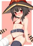  1girl bandaged_leg bandages bangs bare_shoulders bikini black_hair black_headwear black_legwear blush breasts censored choker collarbone cum eyebrows_visible_through_hair hair_between_eyes hat kono_subarashii_sekai_ni_shukufuku_wo! megumin navel open_mouth red_bikini red_eyes short_hair short_hair_with_long_locks sidelocks single_thighhigh sitting small_breasts solo swimsuit thighhighs toshishikisai witch_hat 