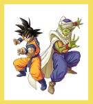  2boys ankle_boots back-to-back black_eyes black_hair blue_footwear boots border brown_footwear cape claws closed_mouth clothes_writing colored_skin dougi dragon_ball dragon_ball_z evil_smile fighting_stance fingernails full_body green_skin hands_up highres legs_apart looking_at_viewer male_focus multiple_boys muscular piccolo pointy_ears serious side-by-side sidelighting simple_background smile son_goku spiked_hair toriyama_akira_(style) turban wangsen578 white_background white_cape wristband yellow_border 