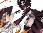  ^^^ afro alternate_costume amykem big_hair black_hair brook cup dress drink enmaided falling foreshortening highres long_dress long_sleeves maid maid_headdress one_piece open_mouth outstretched_arm outstretched_hand saucer simple_background skeleton skull solo spilling spoon spread_fingers surprised tray white_background 