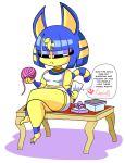  2021 animal_crossing ankha_(animal_crossing) anonymous_artist anthro ball_of_yarn bench blue_hair claws domestic_cat eyeshadow fangs felid feline felis female fur gift hair holding_object letter looking_down makeup mammal nintendo sitting solo unknown_artist uraeus video_games yarn yellow_body yellow_fur 