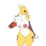  anthro big_breasts blush breast_grab breasts claws digimon digimon_(species) disembodied_hand duo female genitals girokett guilmon hand_on_breast huge_breasts nipples nude pussy renamon solo_focus wide_hips 
