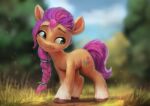  2021 assasinmonkey blurred_background cutie_mark digital_media_(artwork) earth_pony equid equine eyebrows female feral grass hasbro hooves horse mammal my_little_pony outside plant pony signature smile solo sunny_starscout_(mlp) 