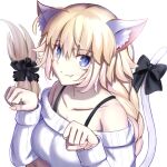  1girl ahoge animal_ears bare_shoulders blonde_hair breasts cat_ears cat_girl cat_tail collarbone eyebrows_visible_through_hair eyes_visible_through_hair fang fate/grand_order fate_(series) hair_between_eyes jeanne_d&#039;arc_(fate) jeanne_d&#039;arc_(fate)_(all) long_hair looking_at_viewer nekodaruma_new paw_pose simple_background solo tail upper_body white_background 