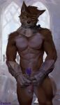  2021 anthro armor athletic athletic_anthro athletic_male balls canid canine canis chunie clothing detailed_background digital_media_(artwork) ethiopian_wolf flaccid flower foreskin gauntlets genitals gloves handwear hi_res holding_object humanoid_genitalia humanoid_penis inside looking_aside male mammal navel nipples nude penis plant smile solo standing uncut 