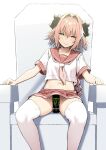  1boy astolfo_(fate) astolfo_monster_cosplay_(meme) bangs between_legs black_bow blush bow braid braided_ponytail can collarbone commentary crop_top energy_drink eyebrows_visible_through_hair fate/apocrypha fate/grand_order fate_(series) hair_between_eyes hair_bow hair_intakes hair_ornament half-closed_eyes heart heart-shaped_pupils highres long_braid long_hair looking_at_viewer midriff miniskirt monster_energy multicolored_hair navel neckerchief no_panties otoko_no_ko pink_hair pink_neckwear pink_sailor_collar pink_skirt pleated_skirt purple_eyes sailor_collar school_uniform serafuku shirt short_sleeves single_braid sitting skirt sky-freedom smile soda_can streaked_hair symbol-shaped_pupils symbol_commentary thighhighs thighs very_long_hair wavy_mouth white_hair white_legwear white_shirt 