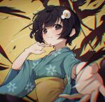  ahoge araragi_tsukihi back_bow bird black_eyes black_hair blush bow crow egg egg_hair_ornament food_themed_hair_ornament green_kimono hair_ornament highres japanese_clothes kimono looking_at_viewer lunia monogatari_(series) nisemonogatari short_hair solo upper_body yukata 