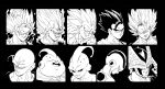  6+boys antennae aura bangs black_background black_border black_sclera border cell_(dragon_ball) clenched_hand close-up closed_eyes closed_mouth colored_sclera commentary dragon_ball dragon_ball_z dragon_ball_z:_hyper_dimension earrings electricity evil_smile face facing_viewer fenyon finger_to_face fingers_together frieza gloves gotenks hand_up head_down highres jewelry kid_buu looking_afar looking_at_viewer looking_back looking_to_the_side majin_buu majin_vegeta male_focus metamoran_vest monochrome multiple_boys neckerchief open_mouth perfect_cell piccolo pointy_ears potara_earrings profile serious simple_background smile son_gohan son_goku spiked_hair super_saiyan super_saiyan_2 super_saiyan_3 tongue vegeta vegetto veins 