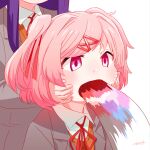  2girls blush doki_doki_literature_club grey_jacket grey_skirt hair_ornament hairclip highres jacket long_hair meme multiple_girls natsuki_(doki_doki_literature_club) neck_ribbon open_mouth pink_eyes pink_hair puffer_fish_vomiting_water purple_hair red_neckwear red_ribbon ribbon ryusei_hashida school_uniform shirt simple_background skirt solo_focus twintails white_background white_shirt wide_face x_hair_ornament yuri_(doki_doki_literature_club) 