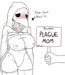  2019 animal_mask beak_mask big_breasts blush bodily_fluids breasts camel_toe cloak clothing english_text fecharis female genitals hi_res hood humanoid legwear margaret_(vetisx) mask meme meme_clothing nervous one-piece_swimsuit plague_doctor pussy rental_mommy signpost sweat swimwear text thigh_highs translucent translucent_clothing vetisx 