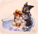  anthro black_body black_fur black_nose blue_eyes brown_hair canid canine canis digital_media_(artwork) domestic_dog duo female fox fur hair hi_res male mammal nude sitting smile ulitochka 