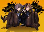 2girls 404_logo_(girls_frontline) :3 armband black_jacket brown_eyes brown_hair chromatic_aberration commentary_request crossed_legs feet fingerless_gloves full_body girls_frontline gloves gun h&amp;k_ump highres holding holding_gun holding_weapon jacket legs looking_at_viewer magazine_(weapon) multiple_girls no_shoes one_side_up panties panties_under_pantyhose pantyhose ryuu_tou scar scar_across_eye shaded_face sitting smile soles submachine_gun thighband_pantyhose toes twintails ump45_(girls_frontline) ump9_(girls_frontline) underwear weapon yellow_background yellow_eyes 