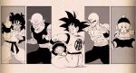  6+boys abs antennae bald black_eyes black_hair black_headwear chaozu child chinese_clothes closed_mouth clothes_writing collarbone dougi dragon_ball dragon_ball_(object) dragon_ball_z evil_grin evil_smile expressionless father_and_son feet_out_of_frame fenyon fighting_stance fingernails flying from_behind full_body grin hand_up hands_up hat highres index_finger_raised indian_style leaning_to_the_side long_fingernails long_hair looking_at_viewer looking_back male_focus monochrome multiple_boys muscular open_mouth outline paneled_background panels piccolo pointing pointy_ears scar scar_on_cheek scar_on_face sepia shirtless sitting sitting_on_lap sitting_on_person smile son_gohan son_goku spiked_hair teeth tenshinhan third_eye yamcha 