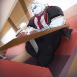  absurd_res anthro clothing fur hi_res knights_college male mammal muscular muscular_anthro muscular_male muscular_thighs paul_(knights_college) polar_bear restaurant school_uniform sitting solo splash_toru uniform ursid ursine white_body white_fur 