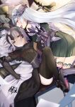  2girls absurdres ahoge armor armored_dress black_legwear brynhildr_(fate) derori fate/grand_order fate_(series) flag headpiece highres holy_grail_(fate) jeanne_d&#039;arc_(alter)_(fate) jeanne_d&#039;arc_(fate)_(all) lying_on_person multiple_girls on_bed silver_hair skirt yellow_eyes yuri 